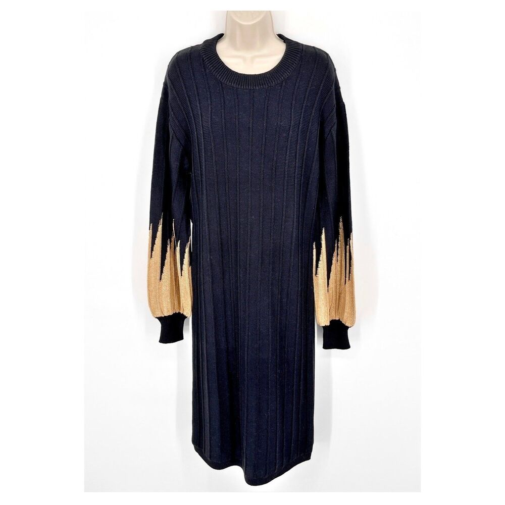 Callahan Melli REVOLVE Knit Midi Dress NEW Sz L Black Gold Accent Bishop Sleeve